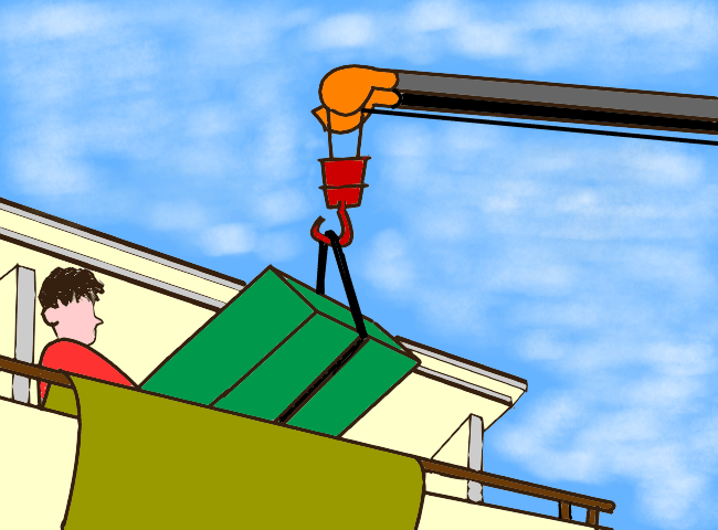 「家具　クレーン吊り上げ」の作業風景イラスト